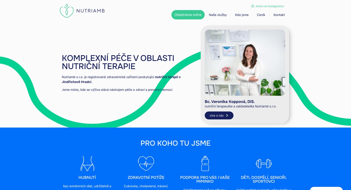 Nutriamb – Web nutriční poradny na míru | Jonas Kopp, tvorba webů Jindřichův Hradec Ukázka webu Nutriamb – web nutriční poradny s online rezervací, Jindřichův Hradec | Jonas Kopp