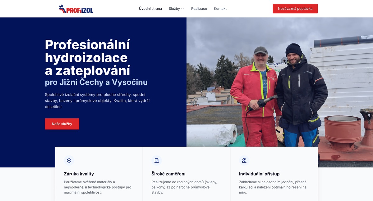 Ukázka webu ProfiIzol – firemní web pro hydroizolace a zateplování, Jižní Čechy a Vysočina